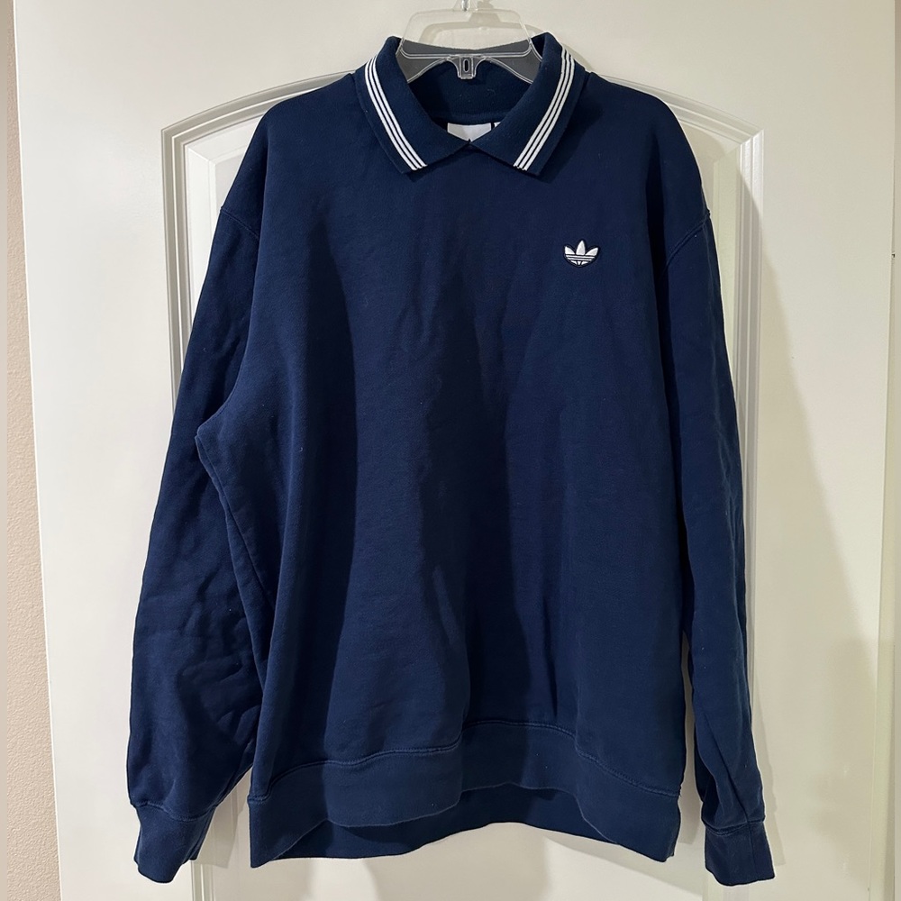 Adidas Originals Men’s Pullover Sweatshirt with 3-Stripe Collar in Navy Blue